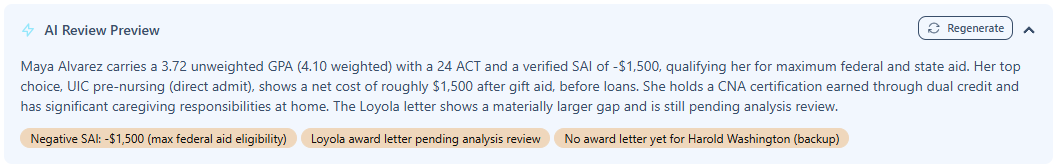 The AI pre-screen summary and flags a reviewer sees for one applicant